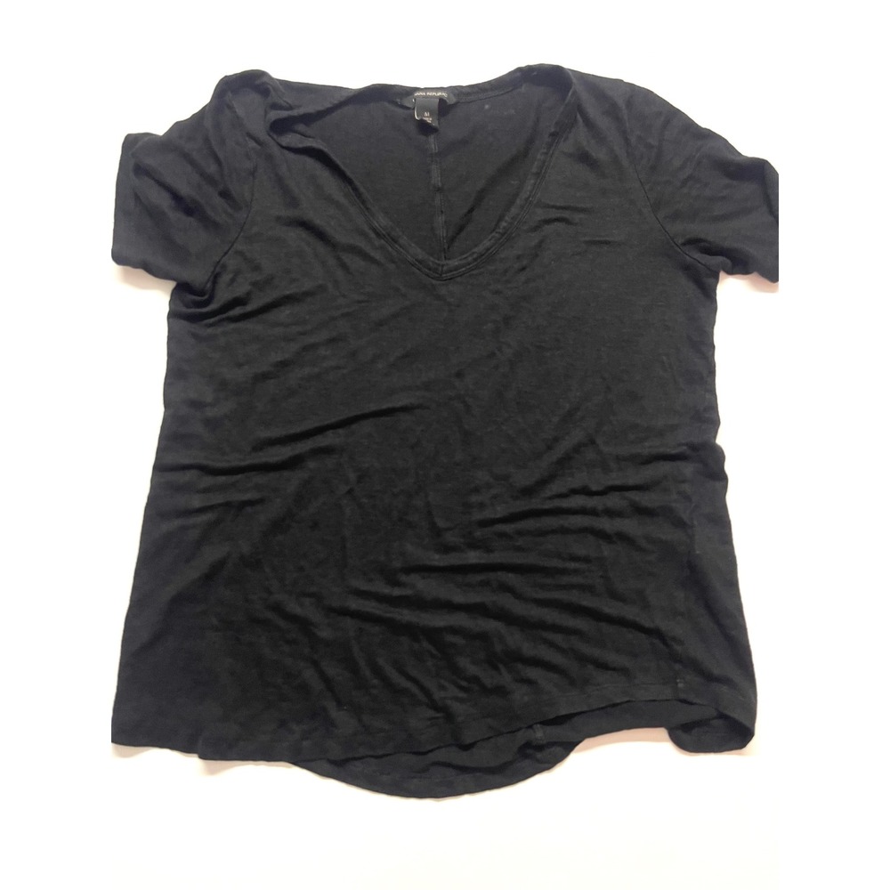 Banana Republic Black 100% Linen V-Neck Relaxed Blouse Short Sleeve Medium 0429